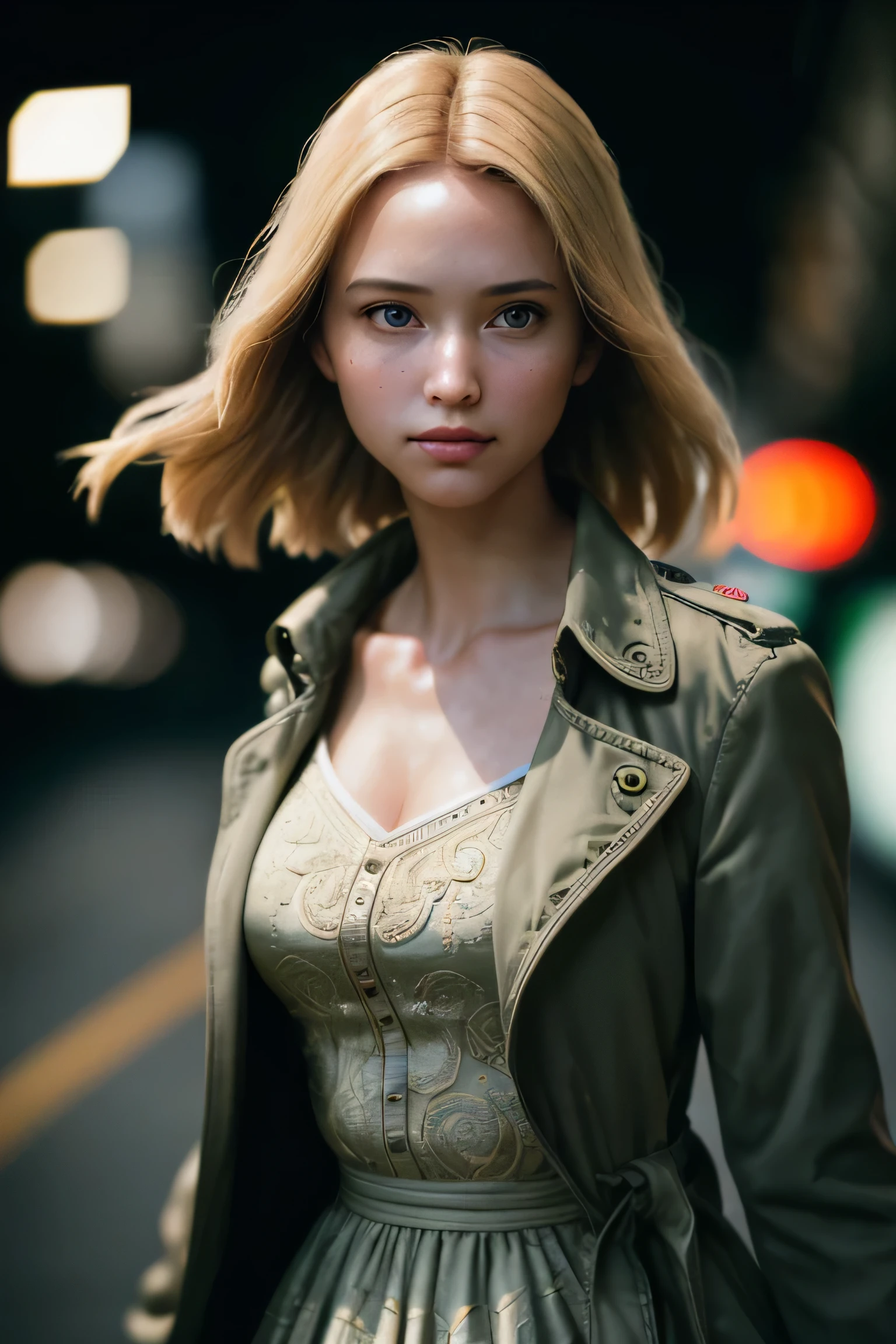 (masterpiece), (extremely intricate:1.3), (realistic), a girl, (future nostalgia), (dynamic perspective), dynamic angle, the most beautiful in the world, trench coat, camisole dress, smirk, upper body, tunnel, professional photograph of a stunning woman detailed, sharp focus, dramatic, award winning, cinematic lighting, octane render unreal engine, volumetrics dtx, (film grain, blurry background, blurry foreground, bokeh, depth of field)