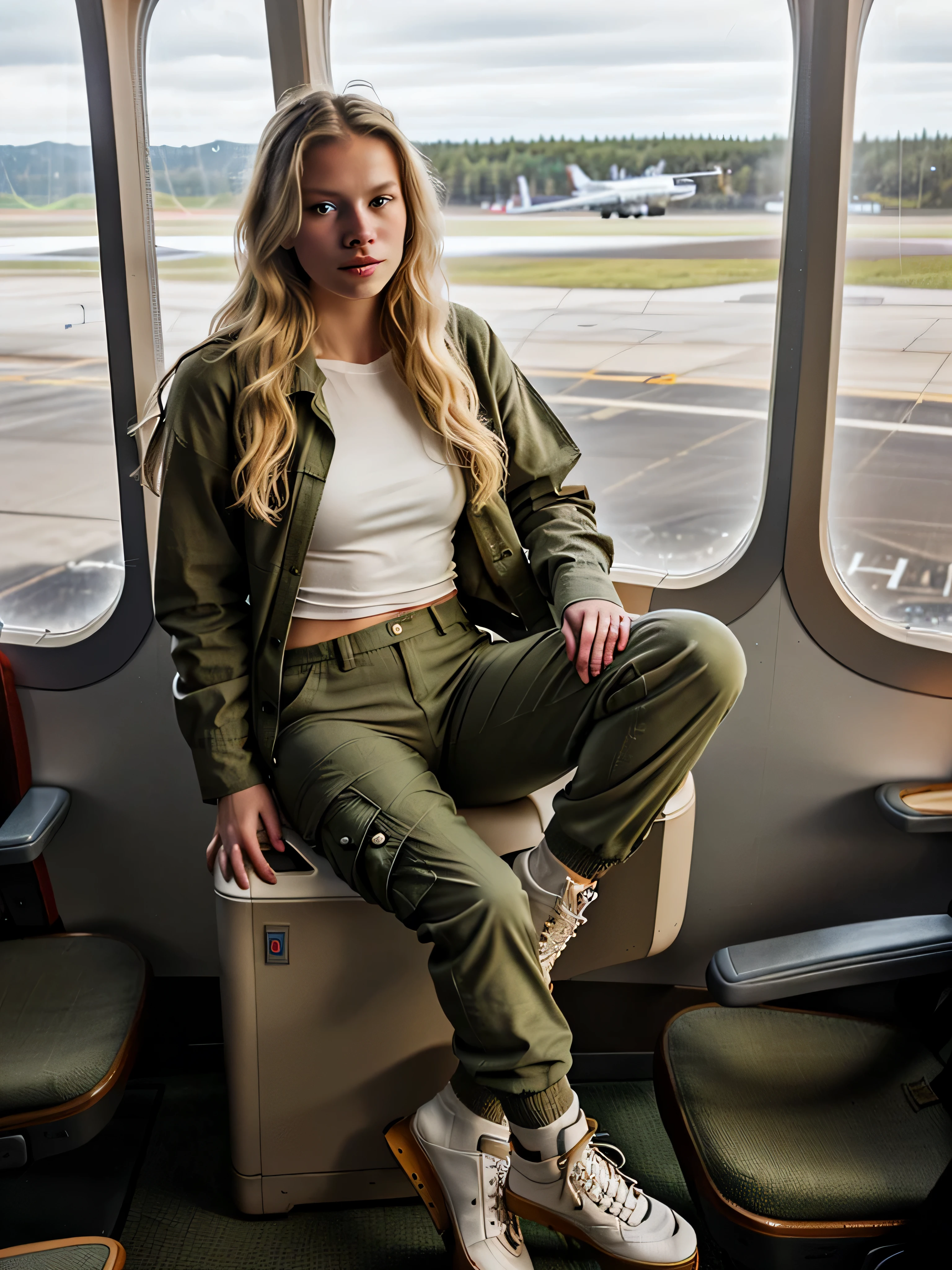 A beautiful scandinavian blonde model with hour glass shaped body and very long and wavy balayage blond hair with volume, sitting on a seat in airplane leaning to the window and looking out of the window into the distance, she is wearing a worn loose olive green cargo pants and red lumberjack flannel jacket, she also is wearing white skating shoes