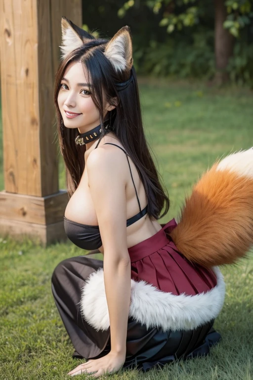 ((highest quality, 32k)), ((masterpiece)), (Familiar), Perfect Face, Fox woman, Beautiful woman, public, Has a tail, She has a fluffy tail, She has a red fox's tail., She wags her tail, smile, bell collar, She wears a skirt, Beautiful Hips, Big Breasts, Big tail, She has a tail sticking out from under her skirt, Turn around on all fours