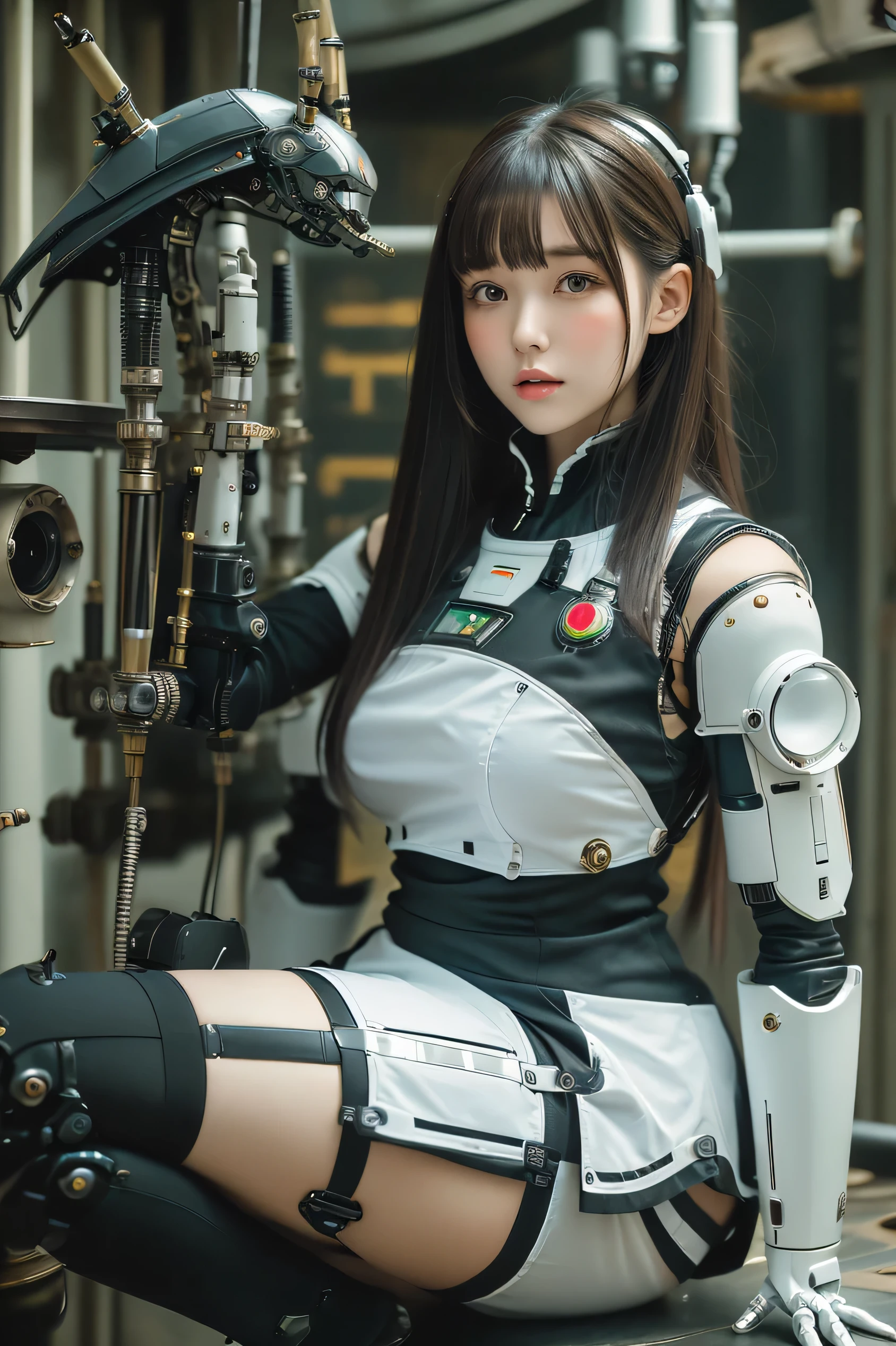 masterpiece, best quality, extremely detailed,8k portrait, Japanese android girl,Plump ,control panels,robot arms,robot,android,cyborg,white robot body,blunt bangs,robot repair plant,black knee high socks,blue eyes