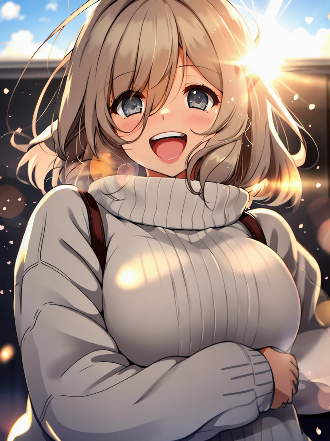 a girl, cosy sweater on, upper body, (huge Laughing:1.1), (open mouth:1.1), (wide open eyes:1.2), sun glare, bokeh, depth of field, blurry background, light particles, strong wind, (heart particles:1.1)