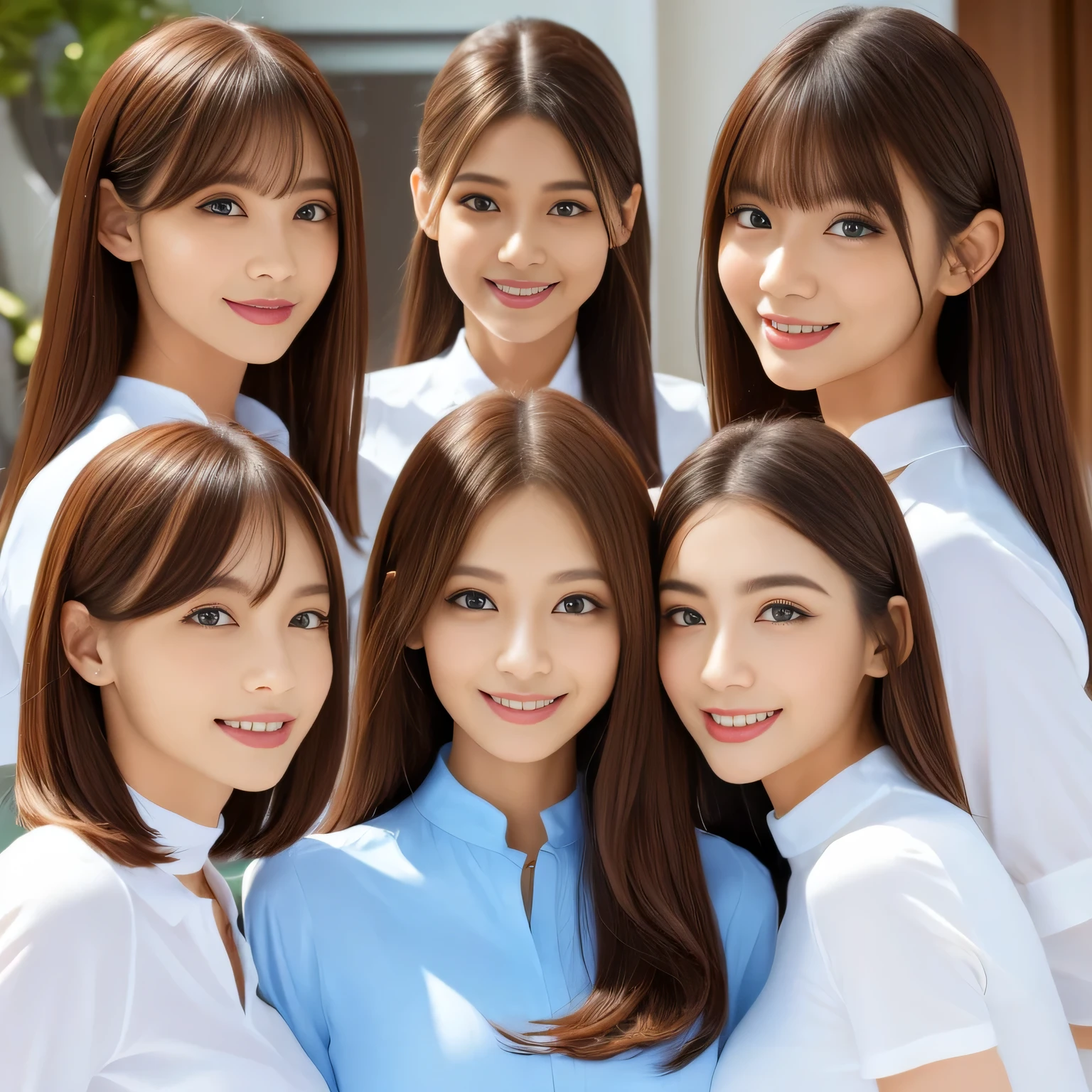 Group photo, Group photo, Very beautiful women, Highly detailed eyes, Highly detailed face,  Sexy and highly detailed lips, Super detailed everything, Attractive woman, Black Choker, blue eyes, Very long eyelashes, bangs, Big Breasts, ((smile)), highest quality, masterpiece, ((Slim face)), Japanese actress, servant, ((High nose)), ((Tight shirt、See-through shirt)), Happy atmosphere, Fun smile, Conference tables、Bright lighting、White skin、palace