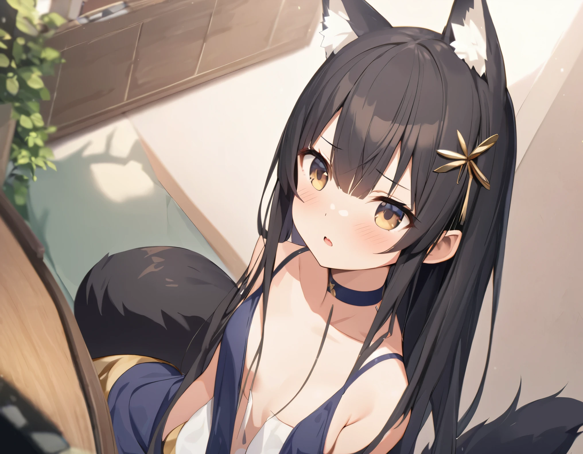 (Two Japanese girlasterpiece, 最high quality, high quality, High precision,Highly detailed 8K wallpapers、Innocence、（girl、Slender body、hair ornaments、Fox Ears、Fox Tail、Black Hair、Shortcuts、Hair that grows to the shoulders、Slimming、beautifulなお腹、beautiful、Beautiful woman、choker）、（short girl、she、Childhood friend）、From under the camera、((見えるのは男の精液を吐き出すsheの口元))、kiss、Semen mouth transfer