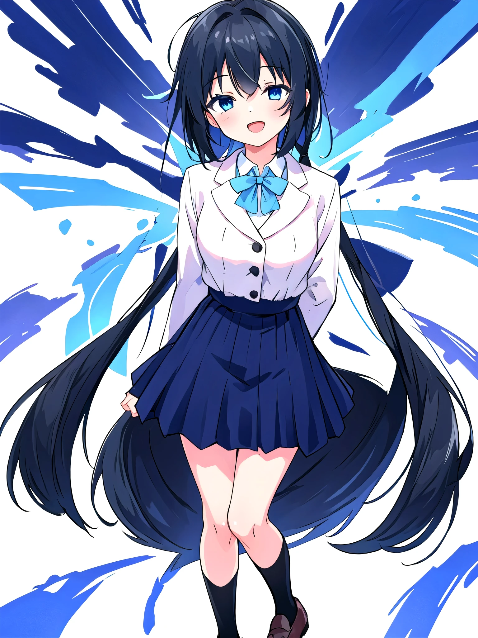 White background、Solid white background、Blank background、one girl, Ultra-high resolution, highest quality,black hair、straight long、Black Hair、Full body shot from the front,arms behind back、Put your hands behind your back、Hide your handedium bust、busty、beautiful detailed eyes、Blue Eyes、Black hair × Blue eyes、blue eyes、straight long hair、Solo,Era: Late 20s, Open your mouth without showing your teeth、Smile with mouth wide open、Open your mouth wide、 black long sleeve blazer clothes,Black pleated skirt、Knee-high socks、loafers