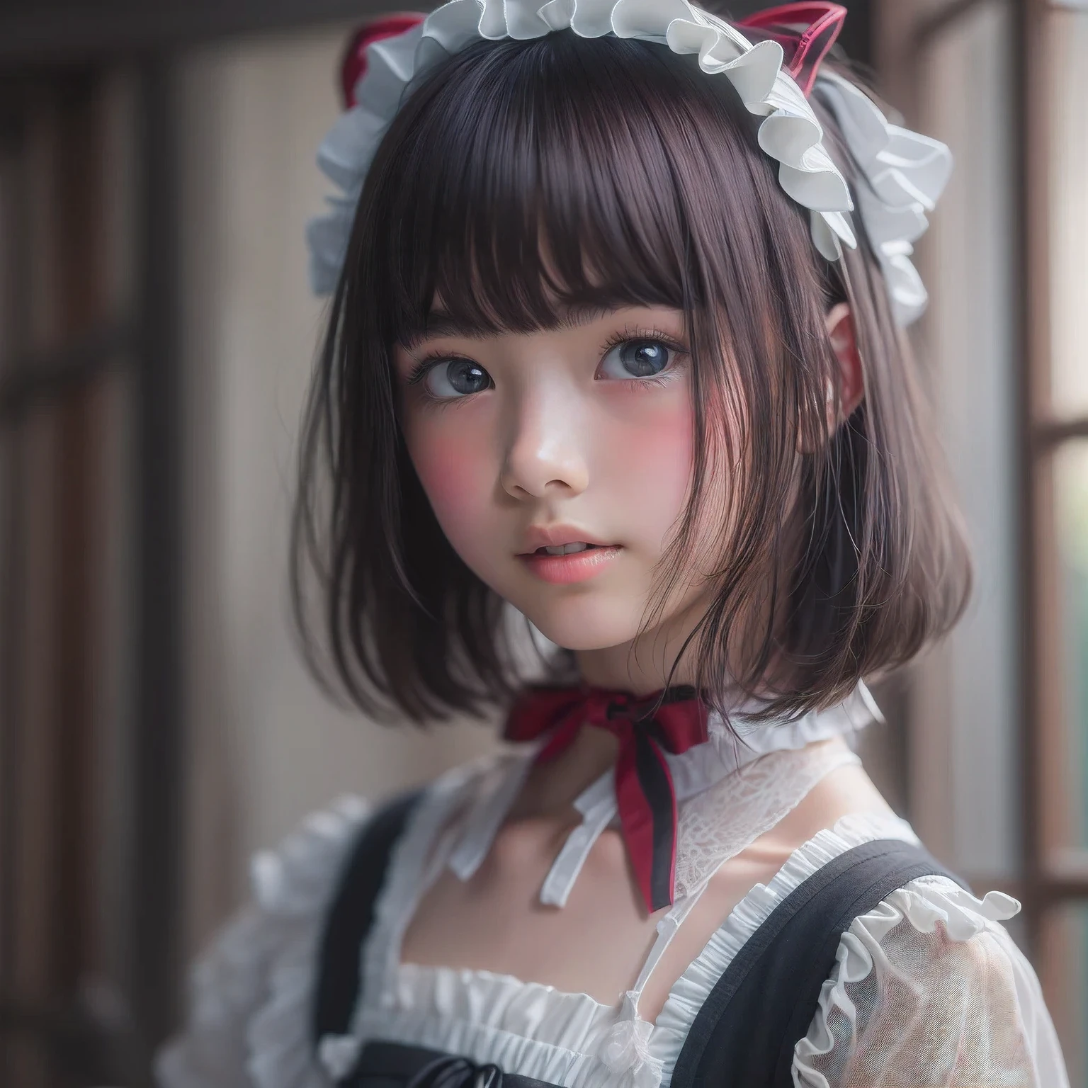 ((sfw:1.4)), (( extra short hair, sidelocks-hair, 1Girl)), Ultra High Resolution, (Realistic:1.4), RAW Photo, Best Quality, (Photorealistic), Focus, Soft Light, (()), ((Japanese)), (( (young face))), (surface), (depth of field), masterpiece, (realistic), wearing highly detailed (( maid clothes with frills and ribbon)), bangs, ((1 girl)),.(looking at viewer:1.2)

