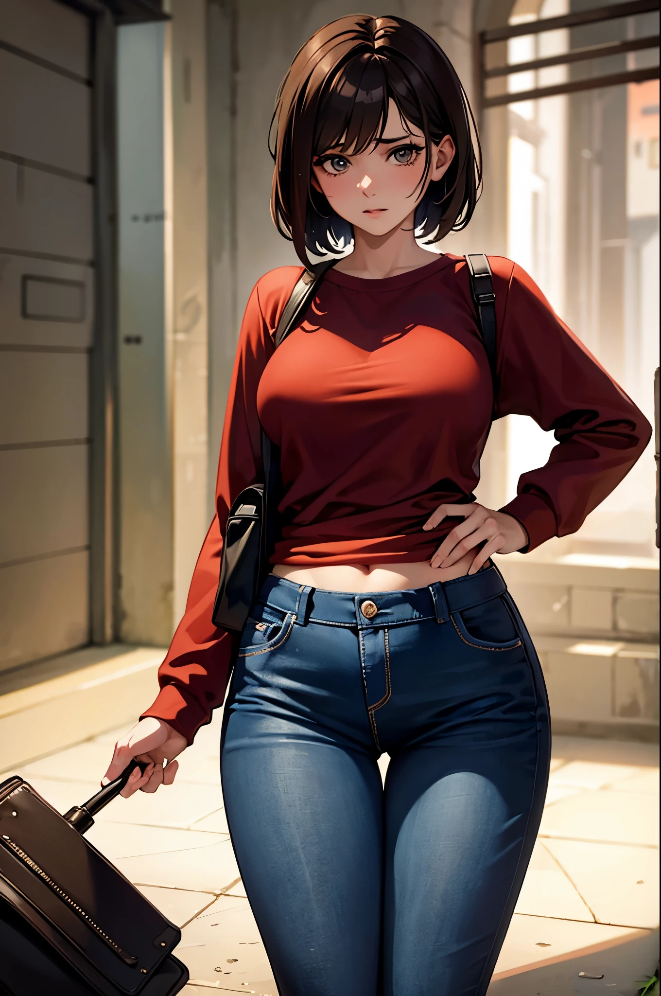 NSFW, Masterpiece, 1.4 Top Image 4K, Ellie The Last Of Us, Brown Hair, Red Shirt, Dark Blue Pants, Rendering In An Apocalyptic City, Showing Panties, Ultra Realistic, 4K Wallpaper, EnvyBetterHands LoCon.