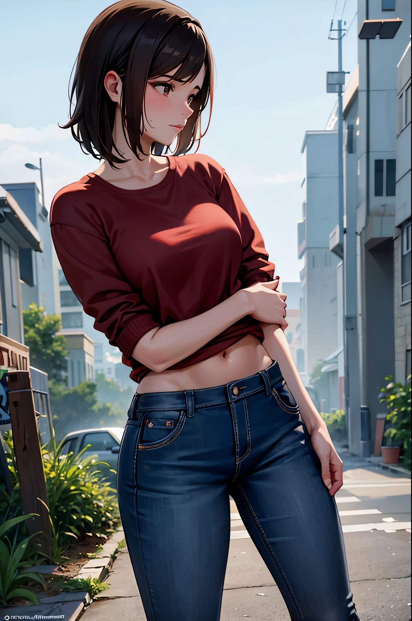 NSFW, Masterpiece, 1.4 Top Image 4K, Ellie The Last Of Us, Brown Hair, Red Shirt, Dark Blue Pants, Rendering In An Apocalyptic City, Showing Panties, Ultra Realistic, 4K Wallpaper, EnvyBetterHands LoCon.