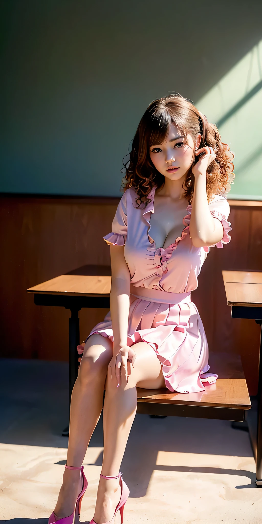 ((8k, RAW Photos, highest quality, masterpiece), High resolution RAW color photos、Professional close-up photography, (Realistic, Photorealism: 1.37), (highest quality), (Best Shadow), (Best illustrations), clavicle ((big)), ((erotic, sexy, Ultra-high resolution, High quality CG integrated 8K wallpaper, Physically Based Rendering, Cinema Lighting), 18-year-old girl, (wearing silk stockings,Wear a shirt in pink color,Wearing high heels,Frill skirt in pink color), High school classroom, Beautiful details in the eyes, Light on the face, ((full body shot: 1.2)), Particularly strong light, (Upward glance, The look of temptation:1.2),Shiny skin, (((Side Up、curly hair))), ( Beautiful thighs), Ulzzang-6500-v1.1:0.2, shy, (flash:1.2), Browsing Caution , ((Seductive posture: 1.2, Charm: 1.2)), (Idol), (sitting at a desk in the classroom: 1.2)), ((Excellent anatomy: 1.2)), ((Bright and refreshing classrooms, The background is blurred: 1.2)), Perfect Face, Cute face, (High angle shot:1.2)、Gazing at the audience