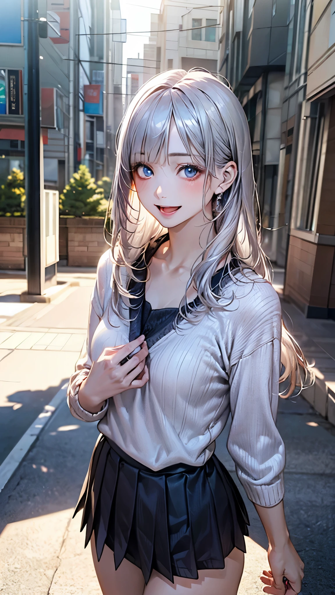 (masterpiece:1.2, top-quality), (realistic, photorealistic:1.4), beautiful illustration, (natural side lighting, movie lighting), nsfw, 
looking at viewer, (face focus, upper body), cowboy shot, 1 girl, japanese, high school girl, perfect face, (perfect anatomy:1.4), cute and symmetrical face, white skin, shiny skin, 
(long hair:1.2, straight hair:1.2, silver hair), bangs, blue eyes, big eyes, long eye lasher, (large breasts), slender, 
beautiful hair, beautiful face, beautiful detailed eyes, beautiful clavicle, beautiful body, beautiful chest, beautiful thigh, beautiful legs, beautiful hands, 
(detailed cloth texture, black edging light purple knit sweater, black pleated skirt), 
(beautiful scenery), winter, evening, (outdoors), walking, (lovely smile, upper eyes, open mouth small), 