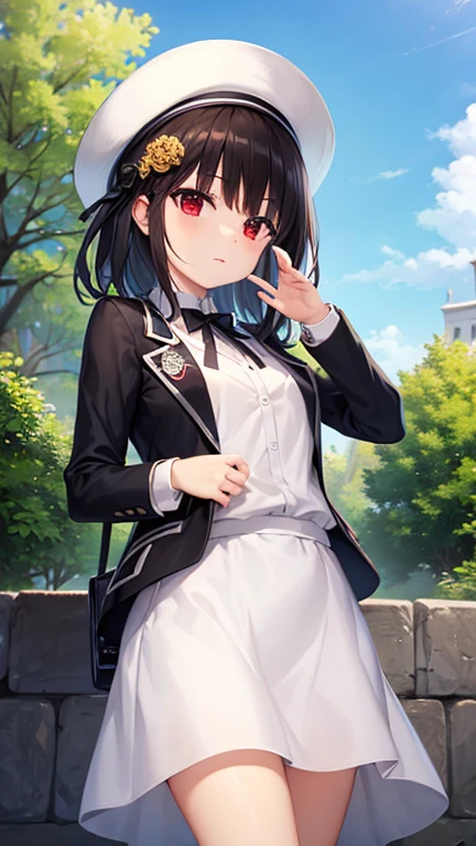 (masterpiece, best quality:1.2),illustration,8k,hd,1girl,solo,cowboy shot,acasta (azur lane),ankle boots,bangs,black belt,black choker,black footwear,black hair,black thighhighs,black skirt,blue bow,blue coat,blue eyes,blue hat,bow,buttons,choker,clothes writing,coat,collared shirt,cross-laced footwear,dress shirt,eyebrows,eyebrows visible through hair,hair bow,hat,heart choker,lace-up boots,large breasts,long sleeves,miniskirt,one side up,open clothes,open coat,pleated skirt,school uniform,shirt,short hair,skirt,thigh strap,white shirt,zettai ryouiki,<lora:Acasta(azur):0.8>,