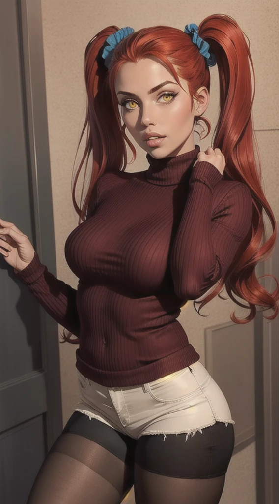 masterpiece, best quality, 1girl, solo, redhair, twintails, very long hair, yellow eyes, hair scrunchie, looking at viewer, lips, parted lips, cowboy shot, pantyhose, short shorts, turtleneck, ribbed sweater,