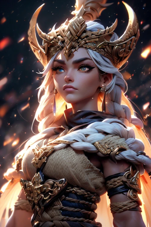 A woman with horns and horns on her head in a dark background (Obra maestra, ultra high resolution:1.4), ( Foto de una guerrera nordica con cabello negro trenzado.:1.3), (Estatura alta y cautivadores ojos amarillos que emiten cierto brillo y luz.:1.4), (Sony Alpha 1 camera, Renowned for capturing the highest level of detail in a photo:1.3), (emparejado con el Sony FE 85mm f/1.Lente 4 GM para retratos impresionantes:1.3), (The face of the Viking with perfect symmetry and impeccable features:1.2), (Su rostro adornado con pintura roja de guerra:1.3), (his intense yellow eyes shining with determination:1.2), (Su atuendo de guerrero de cuero, cubierto de pintura de guerra roja y manchas de batalla:1.3), (Sony Alpha 1 camera capturing the textures of the leather and paint with precision:1.2), (Los brazos fuertes y el cuerpo esbelto del vikingo.:1.3), (de pie con una presencia dominante en medio del campo de batalla:1.1), (Una tenue niebla en el aire, with volcanic ash falling gently from the sky:1.1), (The artistically blurred background, enfatizando al guerrero vikingo como el punto focal:1.1), (His expression shows pure concentration and unwavering determination.:1.3), (The camera captures the emotion and intensity in your eyes:1.3), (The photo captures a moment of raw strength and warrior spirit:1.1), (the ultra high resolution ensuring every detail, from the intricacies of her braided hair to the tiniest streak of war paint, se conserva:1.1), (Un momento congelado en el tiempo, Showing the bravery and ferocity of a Viking warrior:1.1), cinematographic, hiperdetallado, detalles locos, Bellamente coloreado, Motor irreal, DOF, super resolution, megapixel, cinematographic Lightning, Antialiasing, FKA, THAI, RTX, SSAO, Postprocesamiento, Post-production, Mapeo de tonos, cgi, efectos visuales, efectos de sonido, Incredibly detailed and intricate, Hiper maximalista, Hyper realistic, volumetric, fotorrealista, ultra fotorrealista, ultra detallado, detalles intrincados, 8K, su