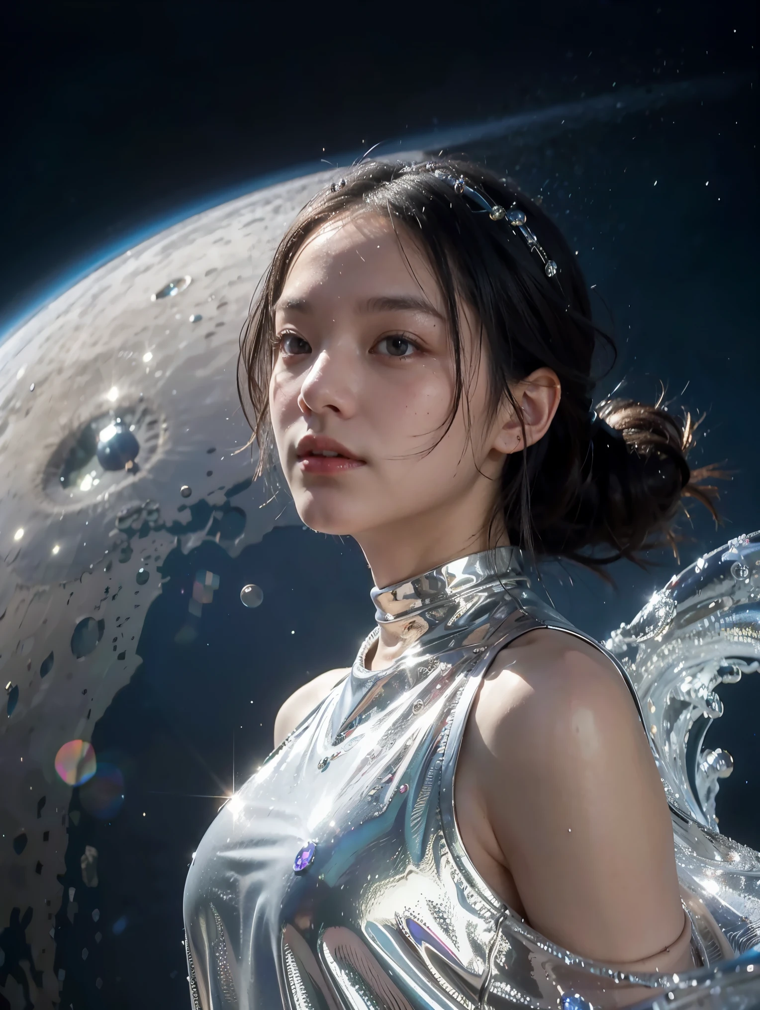 best quality, masterpiece, realistic, 1girl, goddess, messy [updo|hanging] hair, (full body:0.6), solo, (full body:0.6), looking down, detailed background, detailed face, Sc3pt4, sci-fi theme:1.1), mercury-wizard, melancholic, surrounded by waves of iridescent silver, alchemical imagery, reflections, silver-colored fluid, metallic sheen, shiny, dynamic pose, fluid movement, floating particles, droplets of mercury, flowing metal, blending mercury, foreign planet in background, dripping mercury formations, volumetric lighting, cinematic atmosphere, sharp details, high detail skin, realistic skin texture, perfect eyes