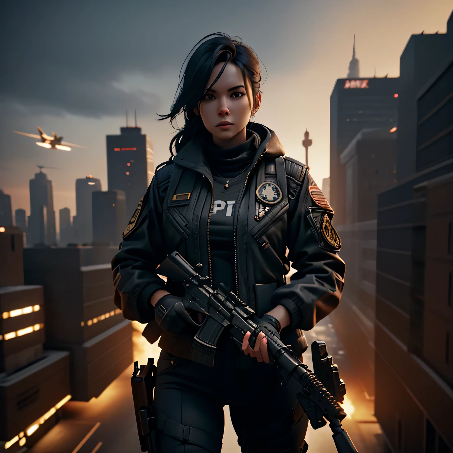 a scene in a pre-apocalyptic world, a woman in the background holding a gun walking with two fighter jets passing in the background a city, I want an image for cell phone wallpaper, unreal engine, 8k octane beautifully detailed render, post-processing , extremely hyperdetailed, epic composition