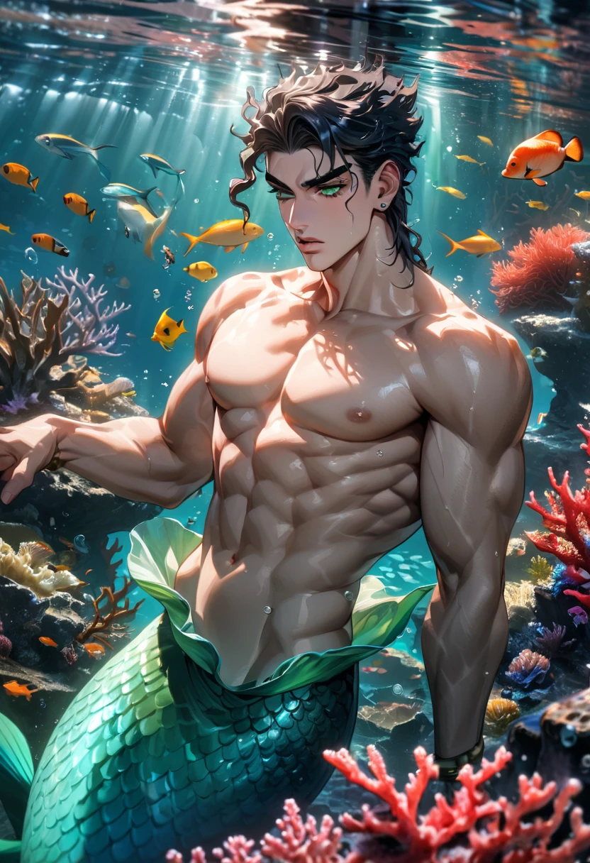 absurdres, highres, ultra detailed, HDR, masterpiece, extremely detailed face and eyes, Jotaro Kujo, black hair, expressive green eyes, jojo bizarre adventure, solo, merman, handsome, toned chest, bare chest, underwater, coral, fish, bubbles
