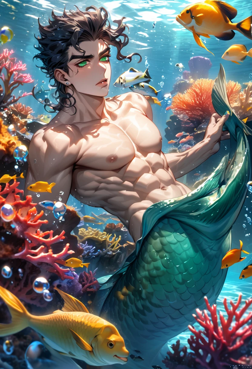 absurdres, highres, ultra detailed, HDR, masterpiece, extremely detailed face and eyes, Jotaro Kujo, black hair, expressive green eyes, jojo bizarre adventure, solo, merman, handsome, toned chest, bare chest, underwater, coral, fish, bubbles