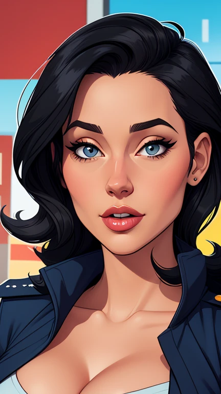 Cartoon style digital illustration Jennifer Connely in sesy police uniform with beautiful medium sized breasts black hair Cartoon style digital illustration cleavage and sesy pose portrait mode