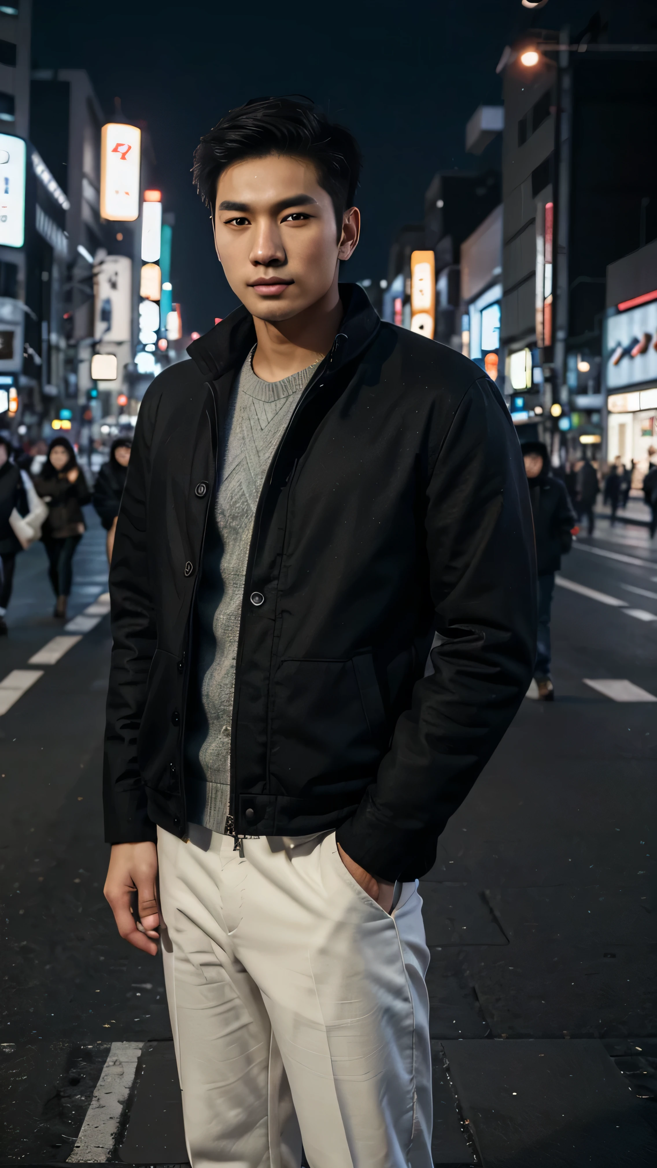 Photorealsitic, 8k full-length portraits, asian handsome, Man's, 20 years old, Gentle expression, TOKYOcty, Winters, Shibuya in the background
