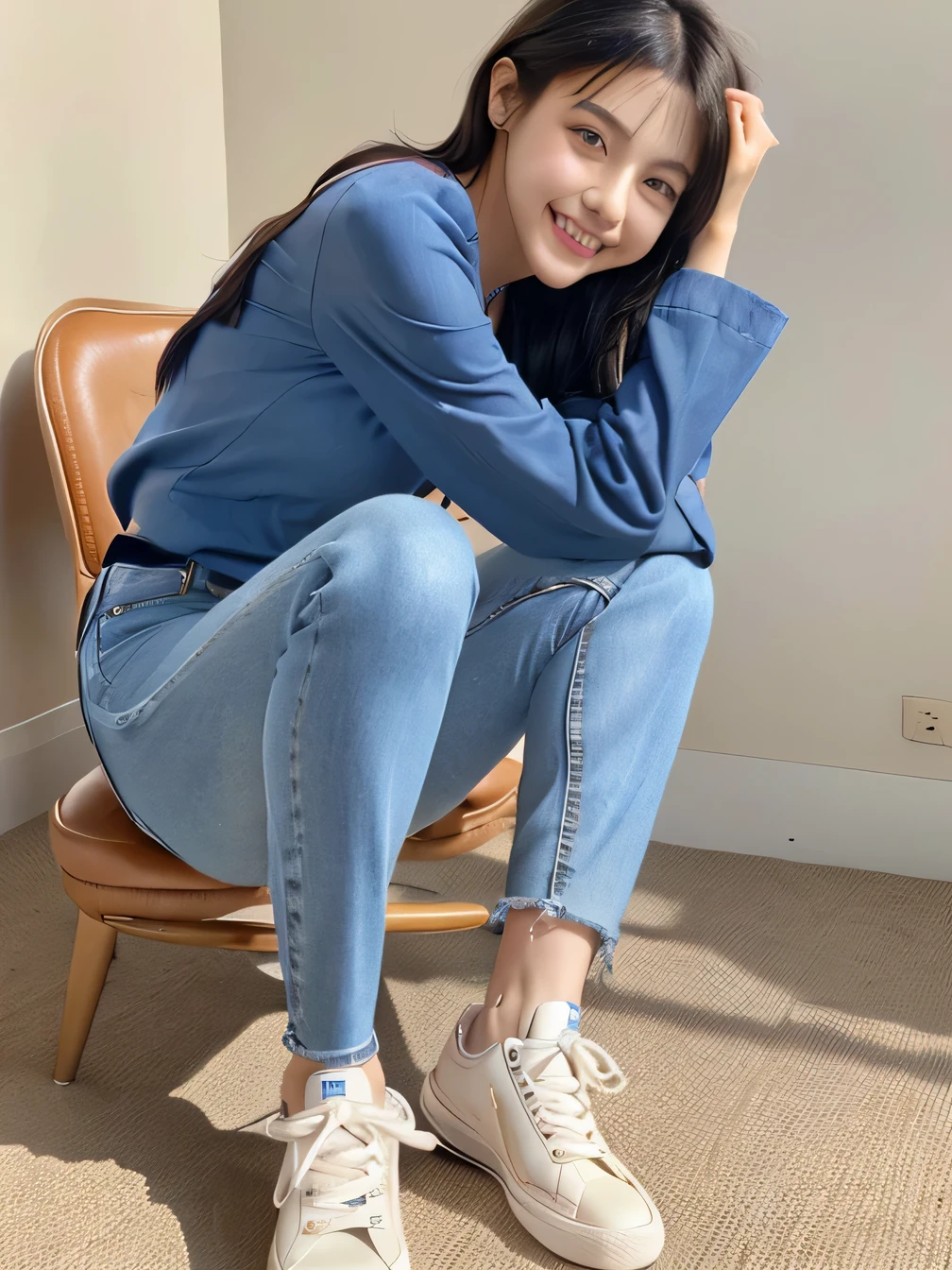 Realistic, RAW Photos, highest quality:1.4), (Realistic face), (Black Hair、Beautiful Hairstyles、ear piercing、, smile、Beautiful teeth alignment、Beautiful little blue eyes, (Realistic skin texture), (Beautiful Skin),charm, Ultra-high resolution, Ultra-Realistic Skin, (Natural light)、Golden Ratio, ((smile)), ((full body shot)), Long sleeve(blouse、((Skinny jeans、sneakers) 、Sit on a chair