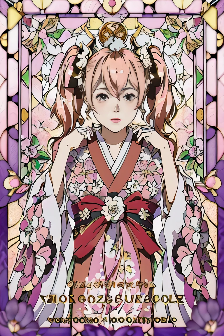 Rococo,Background of Details(cheese:1.1(Stained glass:1.1)),break,Elaborate costumes(High-end kimono(Colorful kimonos(Detailed embroidery(gold floral pattern)))),break,1 female(Beautiful and elegant woman(Fantasy Demon:1.2)(Lustrous pink hair(Twin tails:1.2))), blake wallpaper 16k,Blur the background, (highest quality:1.5),(Portrait Photography:1.5),Esbian all over