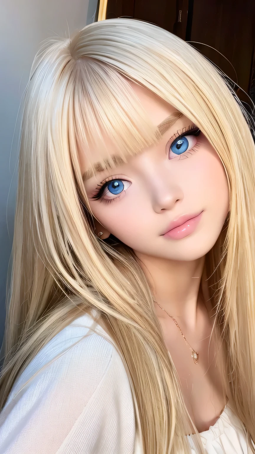 Very beautiful shiny pretty face、Beautiful shiny white skin、Glowing cheek highlight、Beautiful cute sexy pale bright blue eyes、hair over eyes、hair over one eye、hair between eyes、Big double eyelid eyes、Beautiful very long shiny silky pale blonde straight hair、Sexy 15 years old、A cute beautiful girl with long bangs、The most beautiful girls in the world in the West、Round face、Adorable appearance、