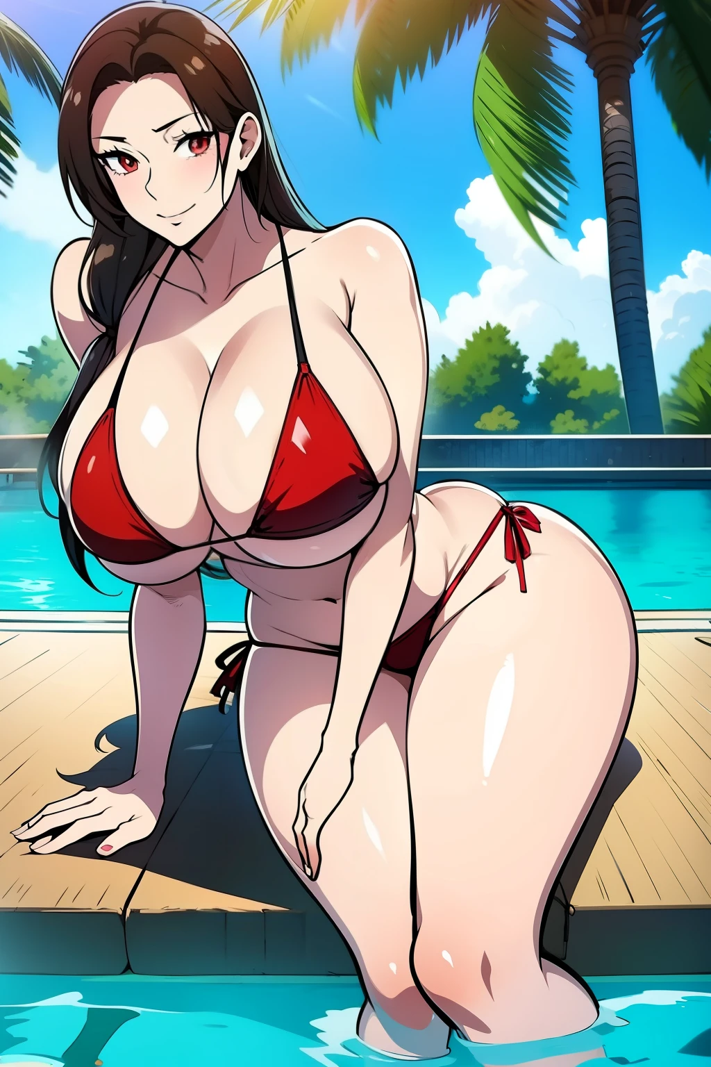 An anime-style artwork depicting tifa from the game final fantasy 7
Tags: tifa, anime, detailed eyes, detailed lips, ass, 1girl, red eyes, (micro bikini : 1.4), (black hair:1.1), solo, huge breasts, smiling expression, intense gaze, dynamic pose, outdoor, pool, (lying on sun lounger), vibrant colors, digital art, high-resolution, professional quality, gigantic breasts, cleavage, curvy, cowboy shot, (gigantic breasts: 1.4),
