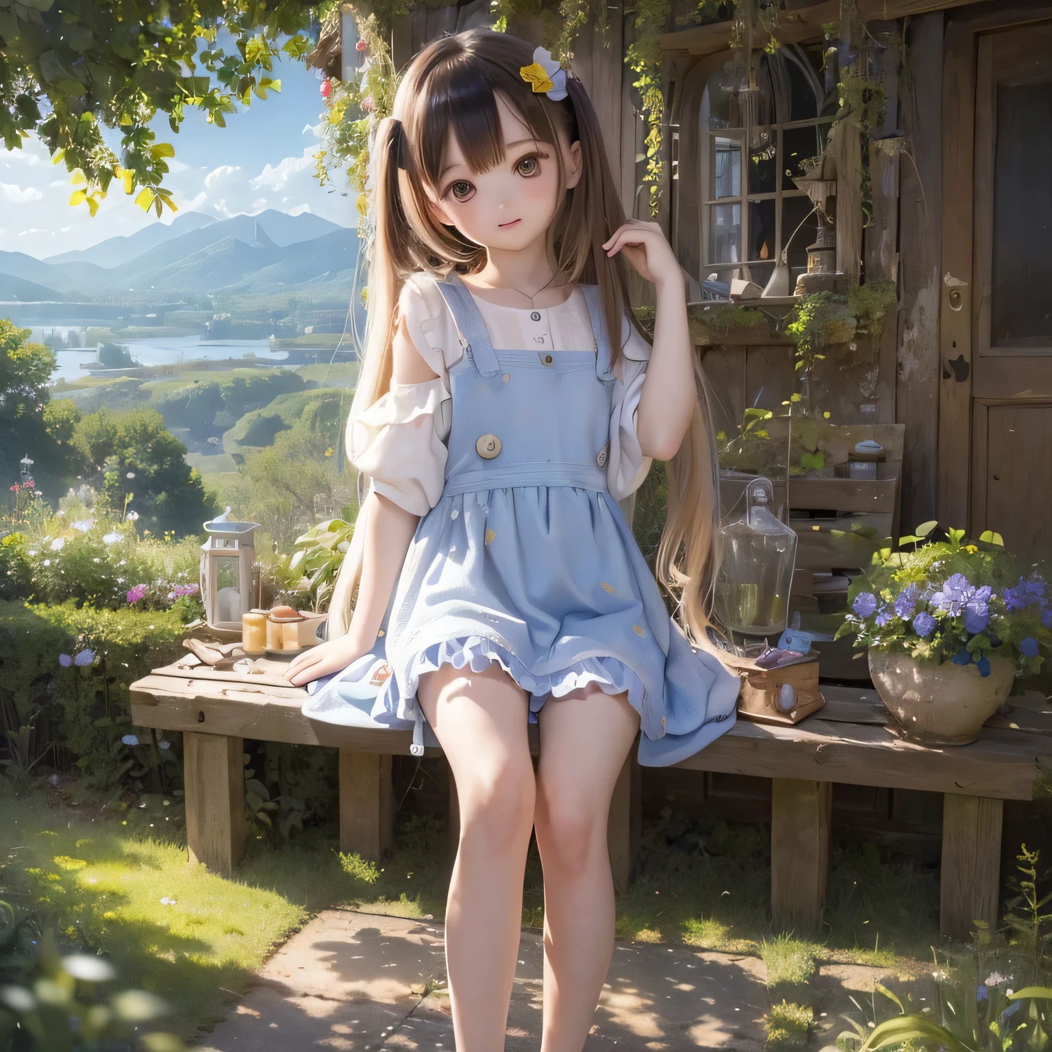 (ocean View) Girl inside(Calm) Country garden, Lush greenery and vibrant flowers々Surrounded by. she is(Wooden bench) and a(Soft cushion) While she gazes into the distance. The garden is located at the foot of a majestic mountain.(range) Reaching the sky, and its peaks covered in a blanket of(Wispy clouds). Girls are wearing(Flowing Summer Dress) It matches perfectly with the colors of the flowers blooming around her.. she(Beautiful fine details) shine and curiosity and wonder as she takes in the breathtaking(View) Before she. The sunlight shines through the leaves, casting(Mottled Shadows) On the ground. The air is filled and the sweet scent of blooming flowers and the gentle sound of birds chirping. The scene is warm(colorful) Shine, Create a sense of peace and tranquility. The girl&#39;s hair is dancing(breeze), adding to the Calm atmosphere of the place. This work、(Computer Generated Image) technology, and a focus on(Very detailed) Element and(Realistic) style. The colors are vibrant and lively, Bringing the scene to life. The lighting is soft、(Sunlit), Highlight the natural beauty of your surroundings. The overall image quality is top notch, and(4K resolution), capturing even the finest details and(Ultra-high resolution) Accuracy. This masterpiece of art combines the beauty of nature and the innocence and wonder of youth, Create a truly captivating visual experience.spread arms