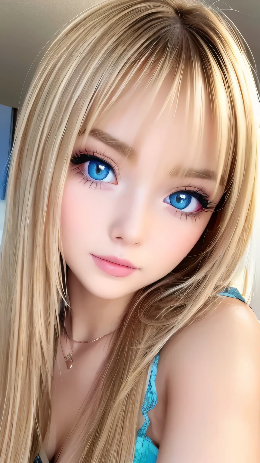Very beautiful shiny pretty face、Beautiful shiny white skin、Glowing cheek highlight、Beautiful cute sexy pale very bright blue eyes、hair over eyes、hair over one eye、hair between eyes、Big double eyelid eyes、Beautiful very long shiny silky pale blonde straight hair、Sexy 14 years old、A cute beautiful girl with long bangs over her eyes、The most beautiful girls in the world in the West、Round face、Adorable appearance、