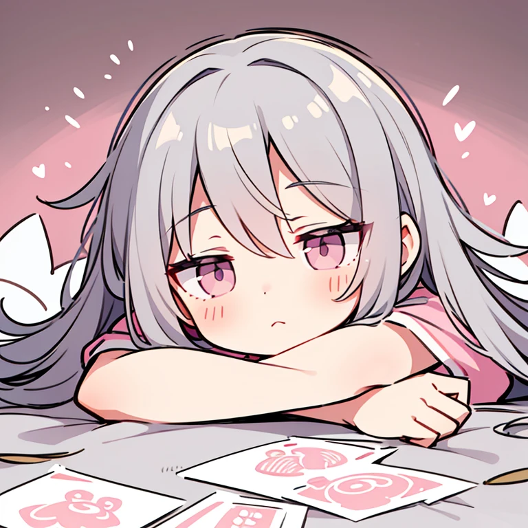 Stamp style illustration,Upper body close-up,Gray Hair,Pink mixed,good night,sleepy,Rubbing eyes