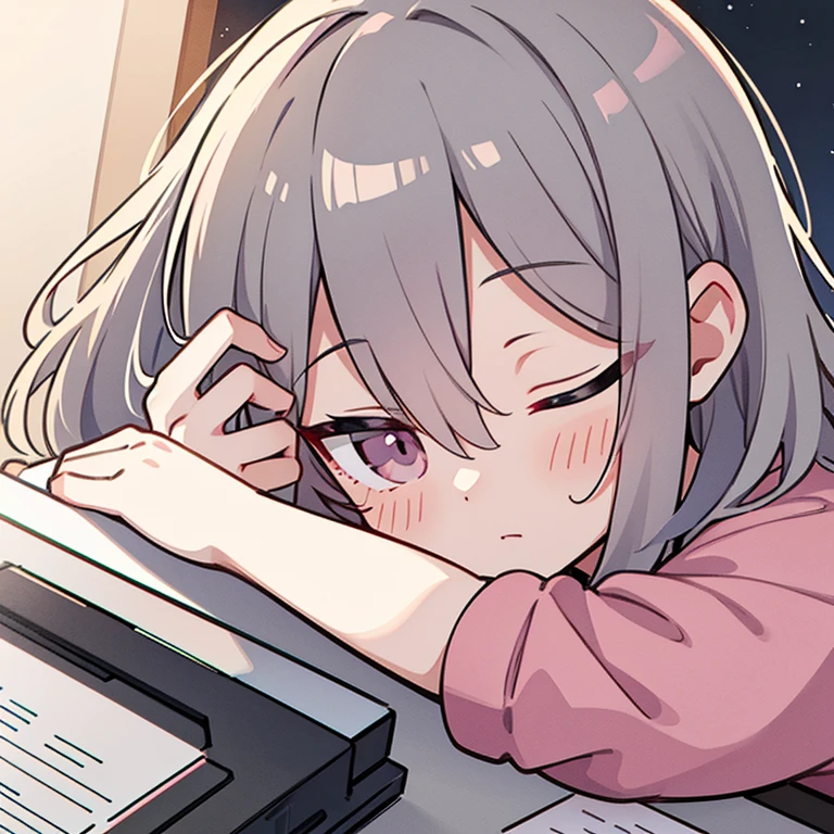 Stamp style illustration，Upper body close-up，Gray Hair，Pink mixed，good night，sleepy，Rubbing eyes