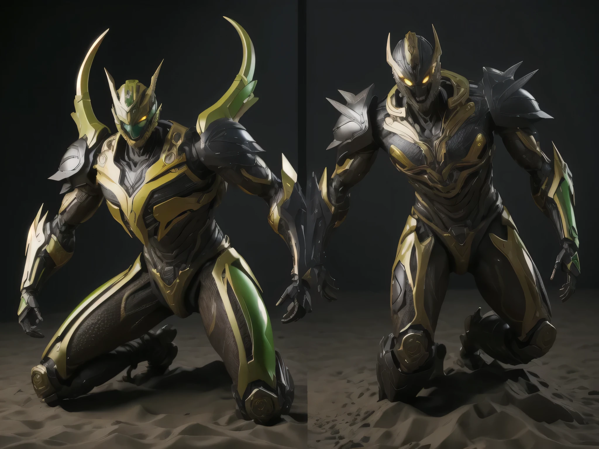 ((best quality)), ((masterpiece)), (detailed), perfect face, Yellow and Green and Brown and Black, Cobra Power Ranger, Sand surrounding, Single person, Sleek Cobra Armor, Full Body, Cobra Base, Kamen Rider, 1 male, Venomous Fangs