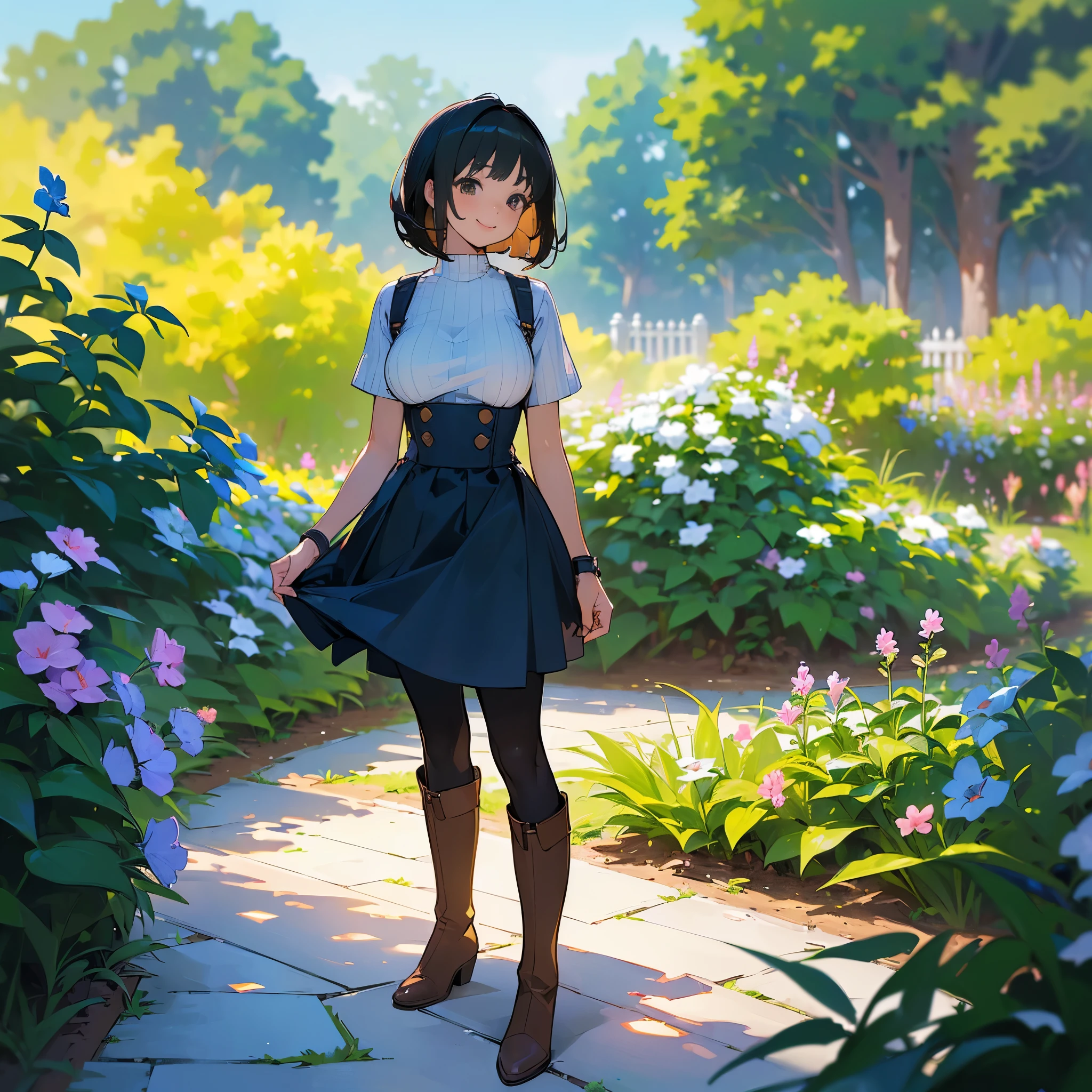 (high quality, High resolution, Very detailed, reality:1.37), Peaceful atmosphere, (Outdoor, garden), teenage girl standing alone, (my breasts are big.), Beautiful detail features, Cute Smile, (Black bob hair), Short sleeve ribbed sweater, Blue Skirt, black tights, Brown boots.