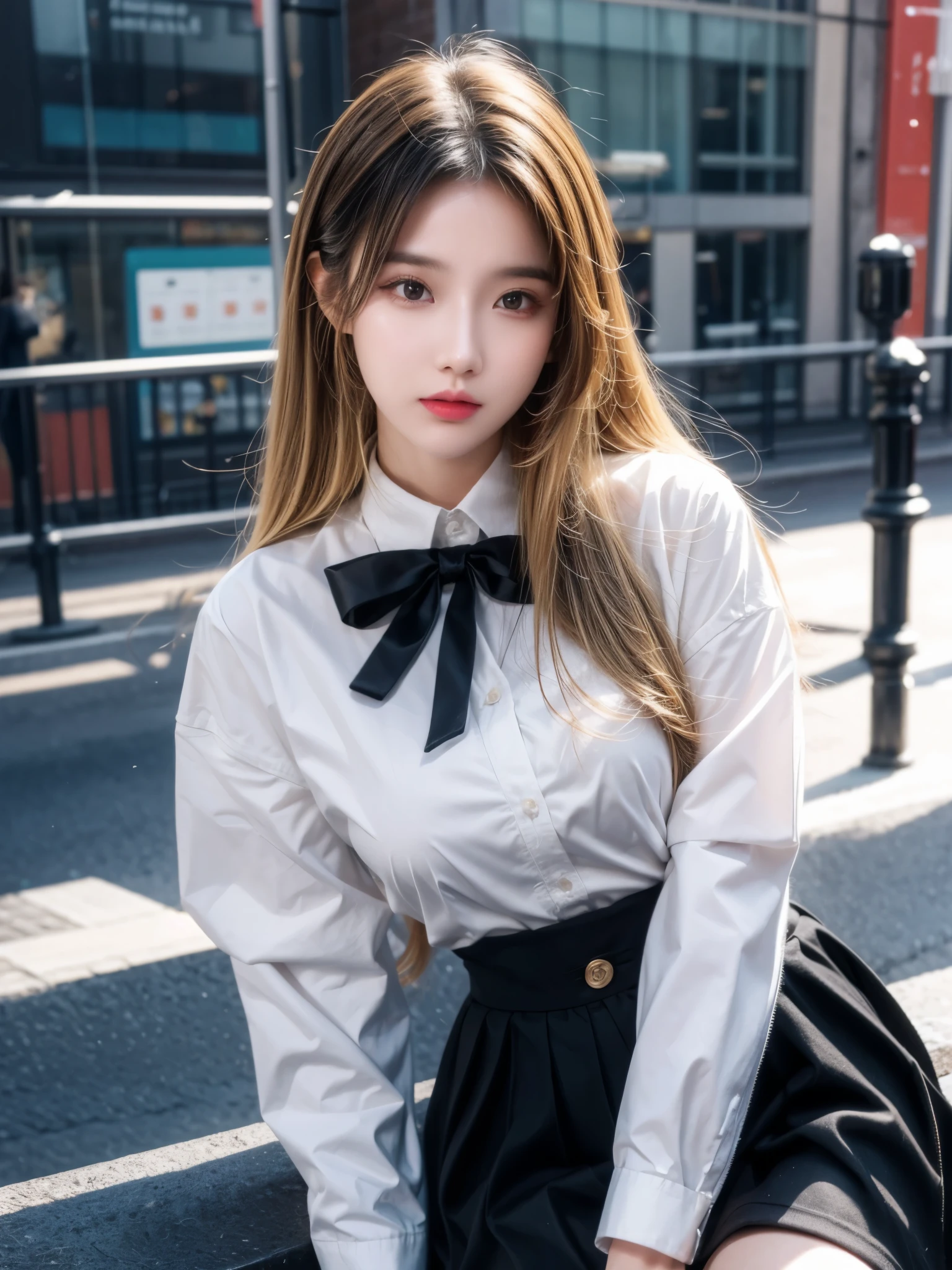 best quality, Ultra-high resolution, (Reality:1.4), 1 Girl, Button-down shirts, Black skirt, School, Dark brown hair, breast, (Blonde hair:1.2), Looking at the audience, (The face is rich in detail:1.1),, (Pure face_V1:0.8),Tik Tok,