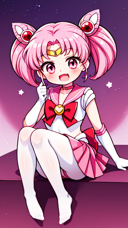 Sailor Moon，young年，Seven years old，cute，（Little Loli），Pink hair twintails，short hair，Sailor Suit，Red bow，White elbow gloves，Red Skirt，No shoes，Open your mouth，laughing out loud，Fangs，(White pantyhose),soles of feet，Soles，(young)，(little man)，sit