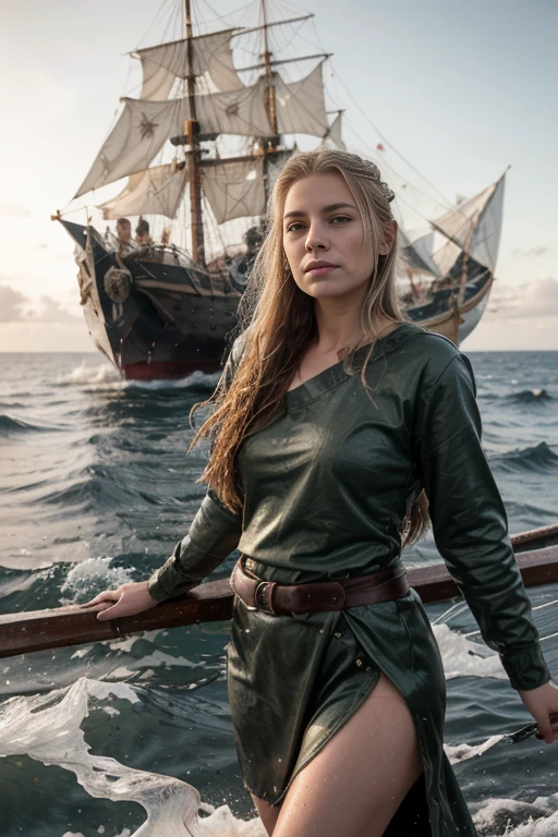 chica vikinga, Vista feroz ,Hacha de batalla en mano derecha, 17 year old Russian girl, cabello rubio arrugado y despeinado, en la orilla del agua ,Against the backdrop of the cold sea and the longship., Vestido con armadura vikinga,Apariencia de combate,pintura de guerra,