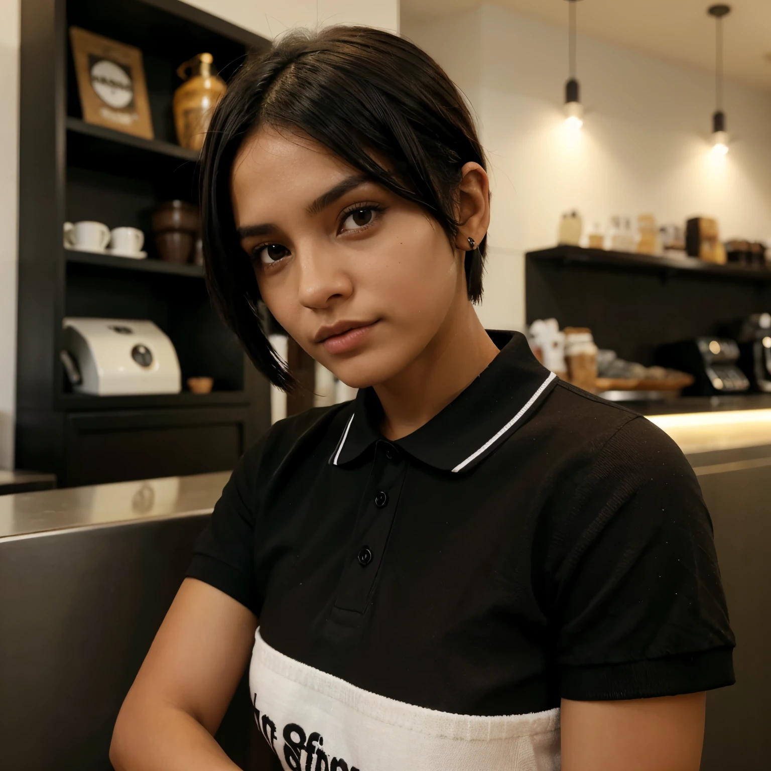 Uma chica corte de cabello estilo tomboy negro ojos cafe medio negro polo plomo y short negro con botas negras piel medio cafe claro