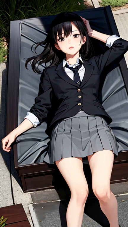 Photorealistic, High resolution, Soft light,1womanl, Solo, hips up high, view the viewer, (Detailed face), Long hair, Lying on the grassland, look from down, Show panties, see the panties, Secretary_uniform, Black skirt, pantyhose, The tattoo, Jewelry