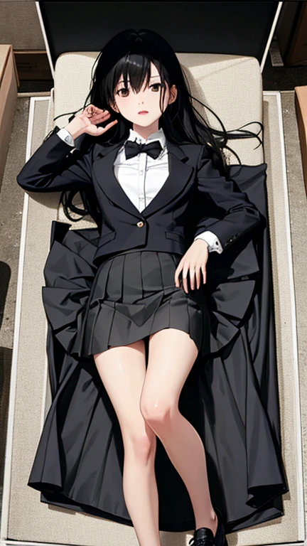 A girl lying in a coffin,Short skirt,black,black外套,Quiet,graveyard