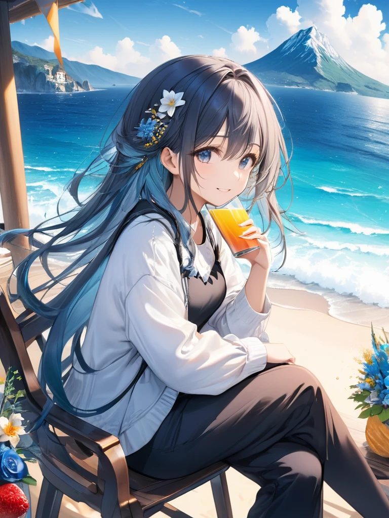 (looking away:1.2),(masterpiece:1.2), (best quality),(ultra detailed),(extremely detailed),(absolutely resolution) ,absurdres,8k, 1girl-drinking-fruits-juice, piece-of-cafe, sitting-on-the-chair, grin, cake, the-middle-of a-mountain, blue-coral-sea,  flowers-pods, windy, 
BREAK,  ultra detailed eyes, long hair, messy hair, (gradation hair:1.2),
