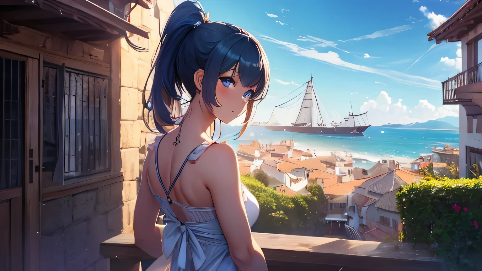 (8k, RAW foto, mejor calidad, (Obra maestra, super high quality, super detailed), anime style paisaje, chica joven, Absoluto, velas escarlatas, girl looking at the sea from the coast, camera looking at the sea, detalles intrincados, sailing ship with velas escarlatas, Una escena de una novela de Alexander Greene. "velas escarlatas" A beautiful women posing for a photograph in an alley, brown ponytail, golpes, risa feliz, blue eyes, Cuerpo magro musculoso, perfect anatomy, Looking to the camera, Time of the day, cielo azul, estilo animado, al aire libre, tendencia en artstation, Oh!, sakimichan muy sensual, con ropa original cuerpo entero, muy realista, extremadamente realista, extremadamente sexy, 8k, 8k extremadamente detallado), (un extremadamente delicado y hermoso), (obra maestra), (mejor calidad: 1.0), (ultra high resolution:1.0)