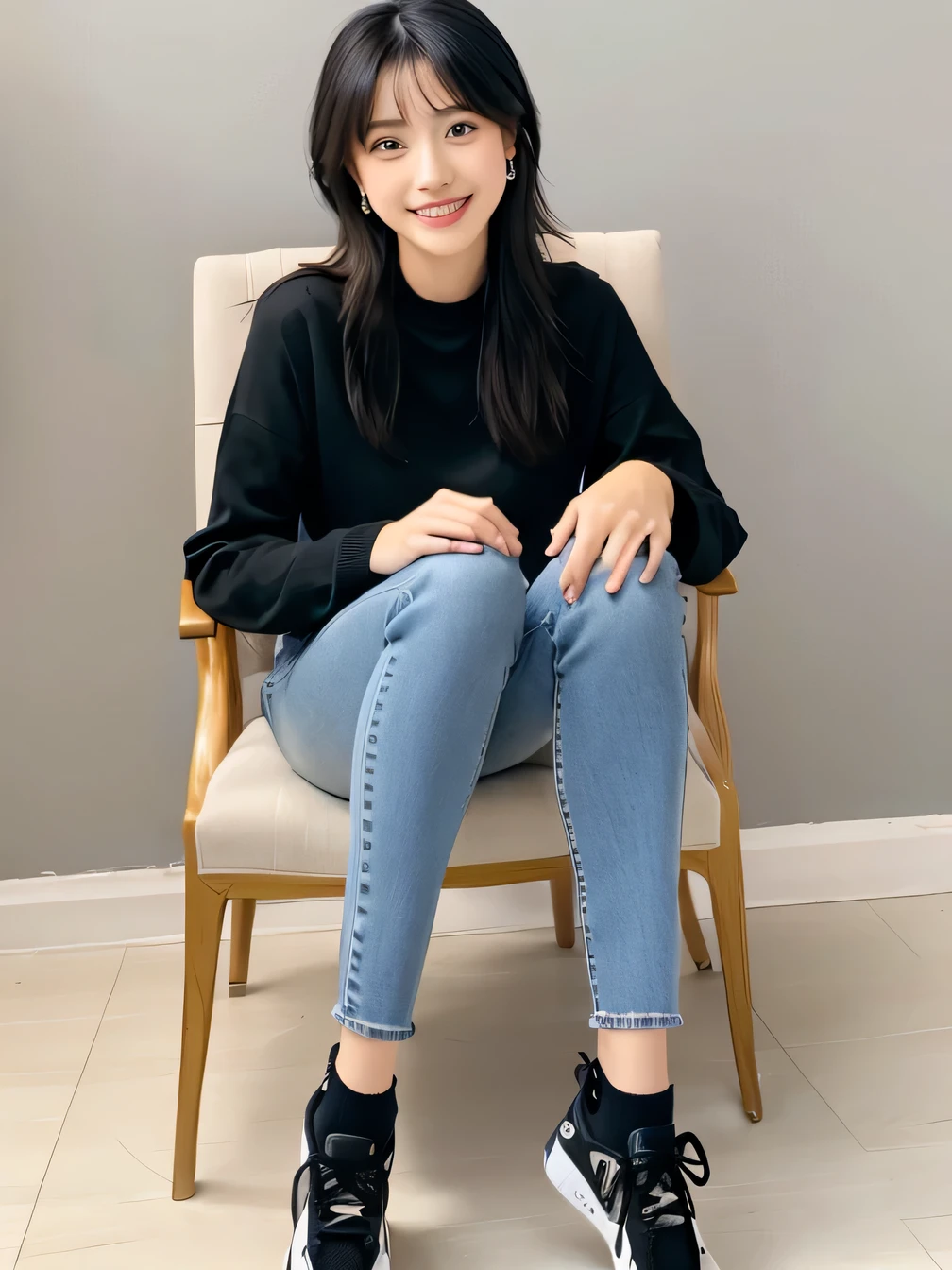Realistic, RAW Photos, highest quality:1.4), (Realistic face), (Black Hair、Beautiful Hairstyles、ear piercing、, smile、Beautiful teeth alignment、Beautiful little blue eyes, (Realistic skin texture), (Beautiful Skin),charm, Ultra-high resolution, Ultra-Realistic Skin, (Natural light)、Golden Ratio, ((smile)), ((full body shot)), Long sleeve(blouse、((Skinny jeans、sneakers) 、Wear black socks、Sit on a chair