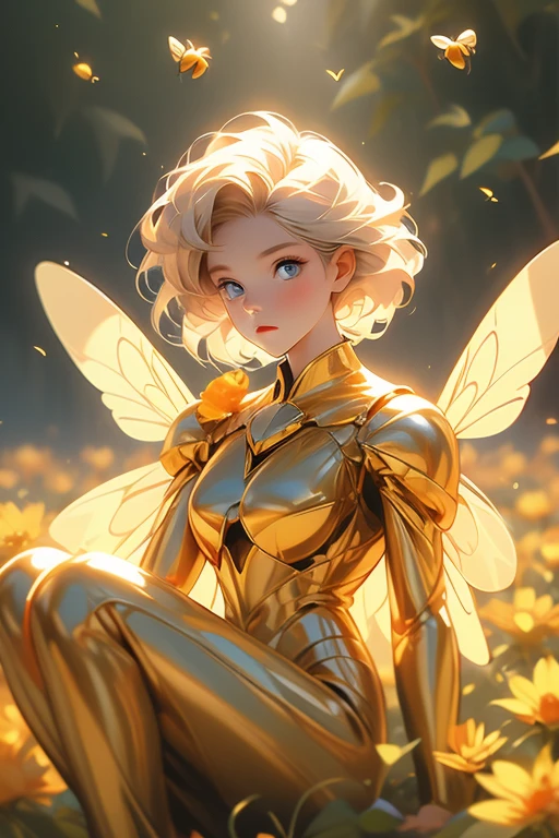 bee-girl, bee humanoid, insect-girl, short golden hair, blue eyes, translucent wings
