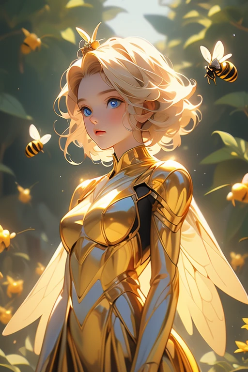 bee-girl, bee humanoid, insect-girl, short golden hair, blue eyes, translucent wings