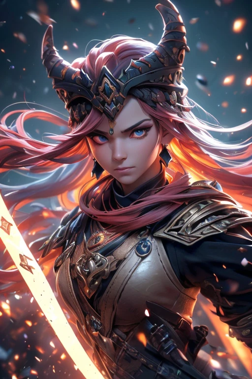 A woman with horns and horns on her head in a dark background (Obra maestra, ultra high resolution:1.4), ( Foto de una guerrera nordica con cabello negro trenzado.:1.3), (Estatura alta y cautivadores ojos amarillos que emiten cierto brillo y luz.:1.4), (Sony Alpha 1 camera, Renowned for capturing the highest level of detail in a photo:1.3), (emparejado con el Sony FE 85mm f/1.Lente 4 GM para retratos impresionantes:1.3), (The face of the Viking with perfect symmetry and impeccable features:1.2), (Su rostro adornado con pintura roja de guerra:1.3), (his intense yellow eyes shining with determination:1.2), (Su atuendo de guerrero de cuero, cubierto de pintura de guerra roja y manchas de batalla:1.3), (Sony Alpha 1 camera capturing the textures of the leather and paint with precision:1.2), (Los brazos fuertes y el cuerpo esbelto del vikingo.:1.3), (de pie con una presencia dominante en medio del campo de batalla:1.1), (Una tenue niebla en el aire, with volcanic ash falling gently from the sky:1.1), (The artistically blurred background, enfatizando al guerrero vikingo como el punto focal:1.1), (His expression shows pure concentration and unwavering determination.:1.3), (The camera captures the emotion and intensity in your eyes:1.3), (The photo captures a moment of raw strength and warrior spirit:1.1), (the ultra high resolution ensuring every detail, from the intricacies of her braided hair to the tiniest streak of war paint, se conserva:1.1), (Un momento congelado en el tiempo, Showing the bravery and ferocity of a Viking warrior:1.1), cinematographic, hiperdetallado, detalles locos, Bellamente coloreado, Motor irreal, DOF, super resolution, megapixel, cinematographic Lightning, Antialiasing, FKA, THAI, RTX, SSAO, Postprocesamiento, Post-production, Mapeo de tonos, cgi, efectos visuales, efectos de sonido, Incredibly detailed and intricate, Hiper maximalista, Hyper realistic, volumetric, fotorrealista, ultra fotorrealista, ultra detallado, detalles intrincados, 8K, su
