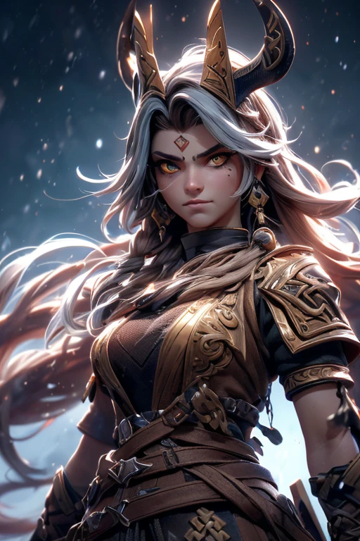 A woman with horns and horns on her head in a dark background (Obra maestra, ultra high resolution:1.4), ( Foto de una guerrera nordica con cabello negro trenzado.:1.3), (Estatura alta y cautivadores ojos amarillos que emiten cierto brillo y luz.:1.4), (Sony Alpha 1 camera, Renowned for capturing the highest level of detail in a photo:1.3), (emparejado con el Sony FE 85mm f/1.Lente 4 GM para retratos impresionantes:1.3), (The face of the Viking with perfect symmetry and impeccable features:1.2), (Su rostro adornado con pintura roja de guerra:1.3), (his intense yellow eyes shining with determination:1.2), (Su atuendo de guerrero de cuero, cubierto de pintura de guerra roja y manchas de batalla:1.3), (Sony Alpha 1 camera capturing the textures of the leather and paint with precision:1.2), (Los brazos fuertes y el cuerpo esbelto del vikingo.:1.3), (de pie con una presencia dominante en medio del campo de batalla:1.1), (Una tenue niebla en el aire, with volcanic ash falling gently from the sky:1.1), (The artistically blurred background, enfatizando al guerrero vikingo como el punto focal:1.1), (His expression shows pure concentration and unwavering determination.:1.3), (The camera captures the emotion and intensity in your eyes:1.3), (The photo captures a moment of raw strength and warrior spirit:1.1), (the ultra high resolution ensuring every detail, from the intricacies of her braided hair to the tiniest streak of war paint, se conserva:1.1), (Un momento congelado en el tiempo, Showing the bravery and ferocity of a Viking warrior:1.1), cinematographic, hiperdetallado, detalles locos, Bellamente coloreado, Motor irreal, DOF, super resolution, megapixel, cinematographic Lightning, Antialiasing, FKA, THAI, RTX, SSAO, Postprocesamiento, Post-production, Mapeo de tonos, cgi, efectos visuales, efectos de sonido, Incredibly detailed and intricate, Hiper maximalista, Hyper realistic, volumetric, fotorrealista, ultra fotorrealista, ultra detallado, detalles intrincados, 8K, su