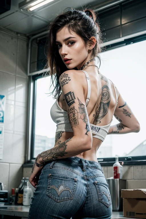 sexy drug addict woman, punk, excited gaze, pale, thin figure, skinny, small bust, choker, tight skinny pants, thin white tight crop top, tattoos, back shot,