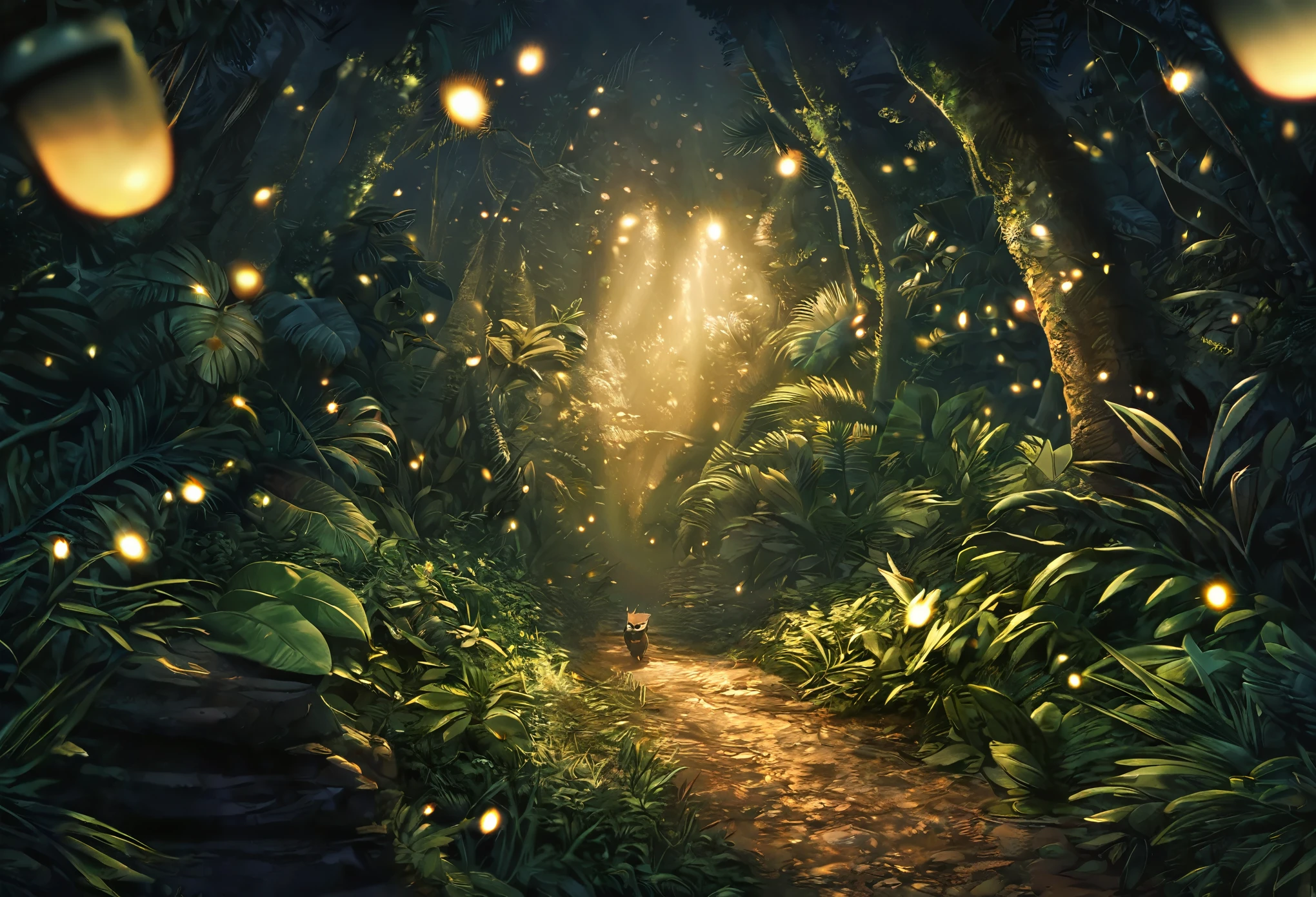 cover page, highres, top quality, best quality, paid reward available, unparalleled masterpiece, perfect artwork, absurdres, High-quality illustrations, super high resolution, detailed background, perfect anatomy (Walking through the firefly-filled jungle at night)(1boy, kemono, furry)(Attention to detail:1 1)high quality, Browsing Caution, Beautiful Eyes(detailed face and eyes)Sharp focus, Contrast lighting, Crazy Details, Soft lighting, high quality, Film Grain((dramatic))epic, One scene of movie,
