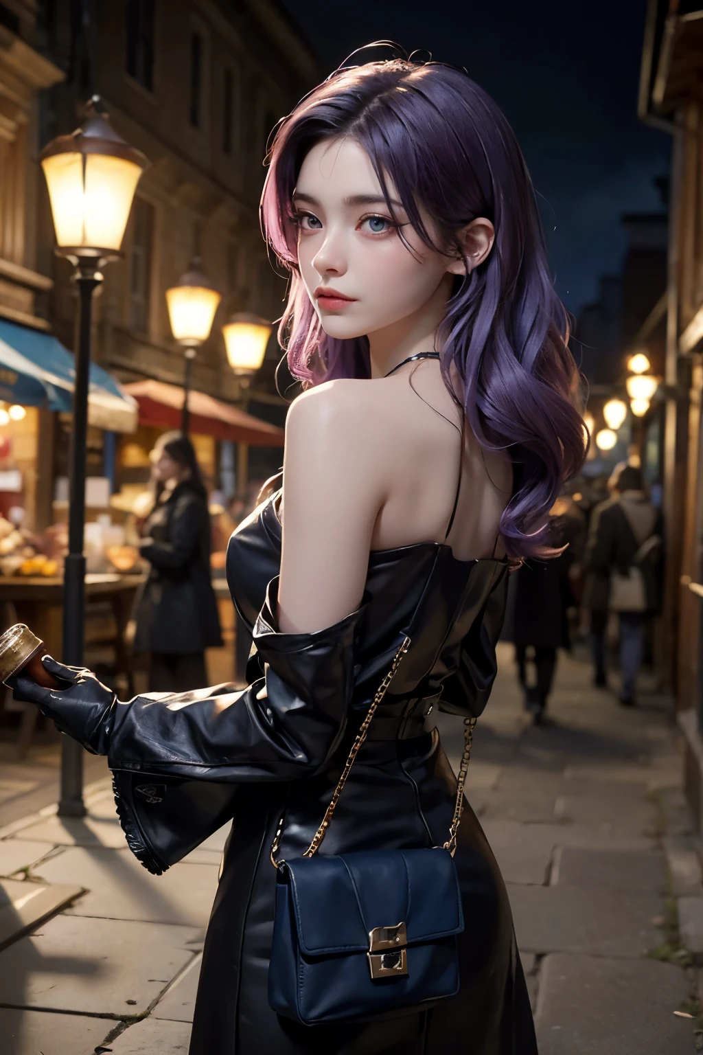 ((best quality)), ((masterpiece)), (detailed), portrait of Elara, a young woman with a mane of vibrant purple hair cascading down her back. Her sharp eyes, gleaming with a mixture of curiosity and defiance, lock with the viewer's gaze.  She stands in the heart of a bustling gothic marketplace. Cobblestone streets twist and turn beneath towering buildings adorned with gargoyles that seem to leer in the perpetual twilight.  Steam billows from cauldrons bubbling with unknown concoctions, their metallic scents mingling with the heady aroma of exotic spices.  Elara is clad in a well-worn leather jerkin adorned with alchemical symbols, hints of vibrant purple peeking through from the layers beneath. A satchel brimming with vials and strange tools hangs from her shoulder. On her gloved hand, a small, caged raven chirps inquisitively.  Render the scene in a detailed, gothic fantasy style with a focus on the warm glow of lanterns illuminating the marketplace against the ever-present twilight sky. Capture Elara's confident yet inquisitive stance, hinting at her role as an apprentice alchemist in this strange and wondrous world.