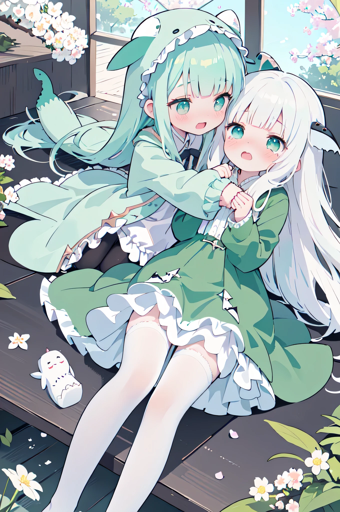 idol, yuri, bishoujo,masterpiece,best quality,official art,extremely detailed CG unity 8k wallpaper, ((Shark-shaped matcha green hood,Hoodie,zipper)),light cherry blossom powder long hair, blunt bangs, nose blush , embarrassed , shy, aqua eyes, beautiful detailed eyes, crying with eyes open, aqua eyes, narrowed eyes,shark Deep Matcha Green hood ,lace-trimmed legwear, white legwear, ((frilled white Silk Stockings)),((no shoes)),((top-down_bottom-up)),