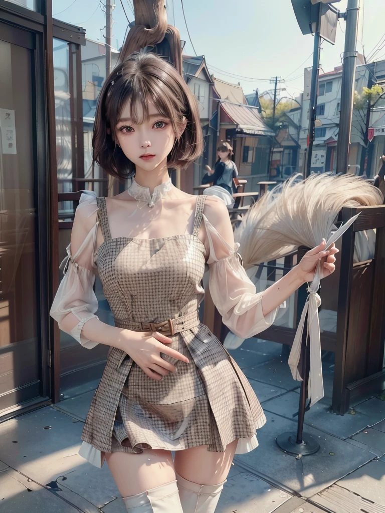 Standing in front of the viewer、masterpiece、Very detailed、Surreal、Watercolor and ink painting、high waist、Brown and dark brown houndstooth A-line dress、Dark piping、???? sleeves、Super detailed、super beautiful、white straight short hair、Knee-high boots、Young woman dancing wearing、lean muscular body、Perfect Eyes Eyes